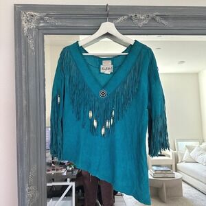 Vintage Ren Ellis Lamb Suede Fringe Western Boho Asymmetrical Tunic Top
